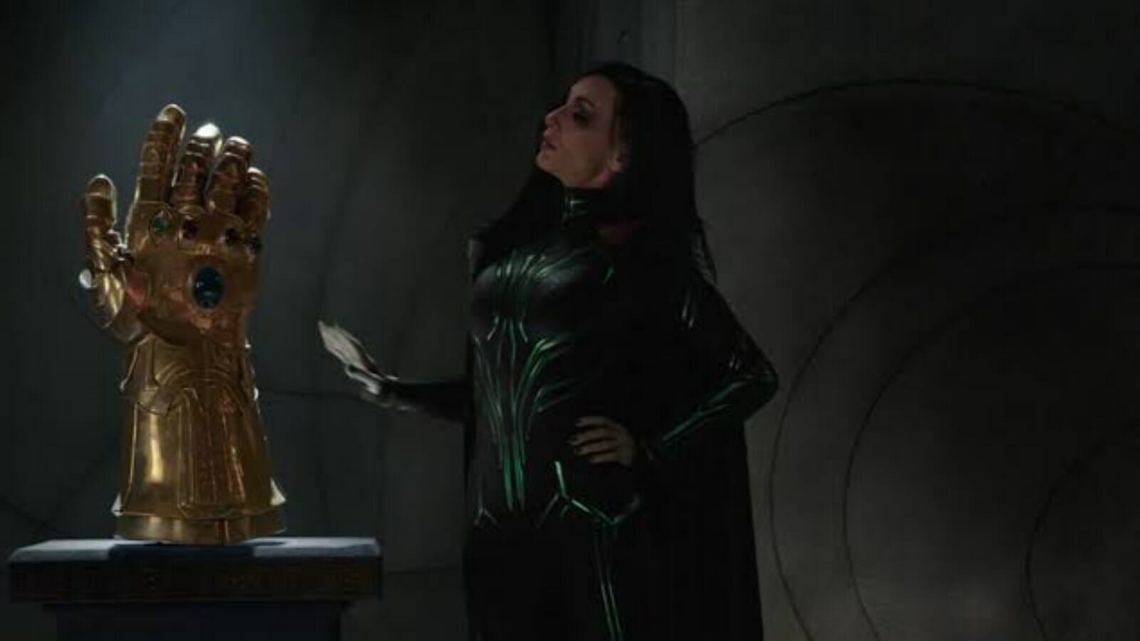 Hela pushing the Gauntlet to prove it fake in the Thor:Ragnarok