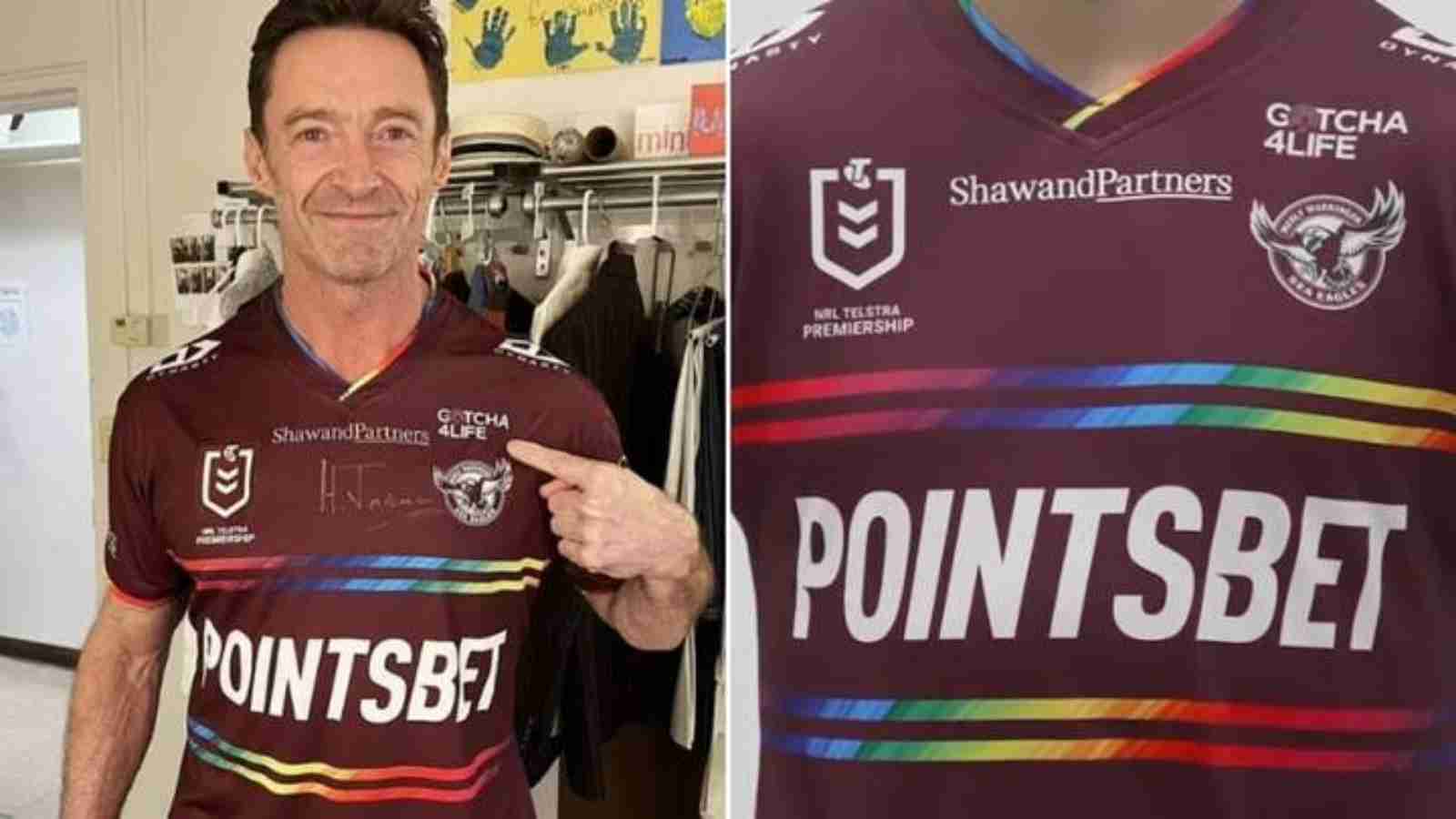 Hugh Jackman wearing The new pride Jersey of Manly Sea Eagles