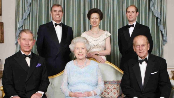 Queen Elizabeth II with Prince Philip, Prince Charles, Princess Anne, Prince Andrew and Prince Edward