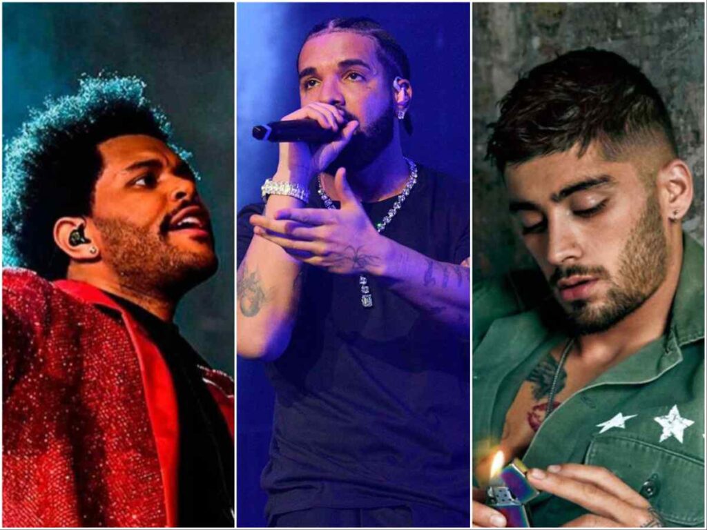 (L-R) The Weeknd, Drake and Zayn Malik