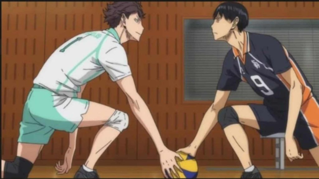 Kageyama and Oikawa fighting over a volleyball