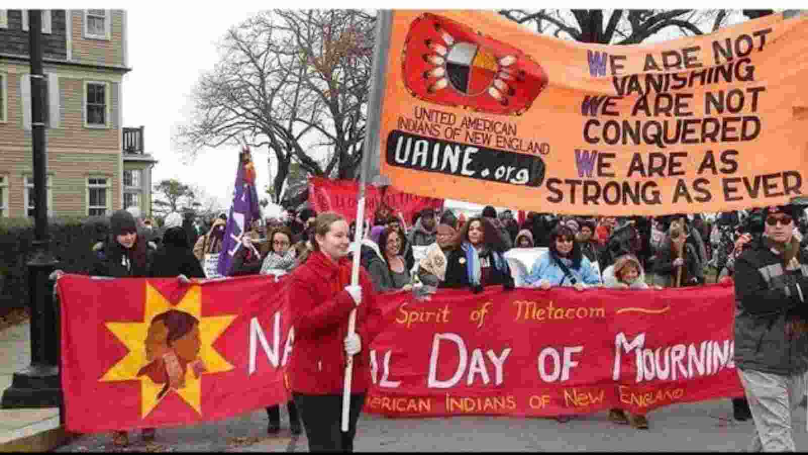 Native Americans protesting against the Thanksgiving Day