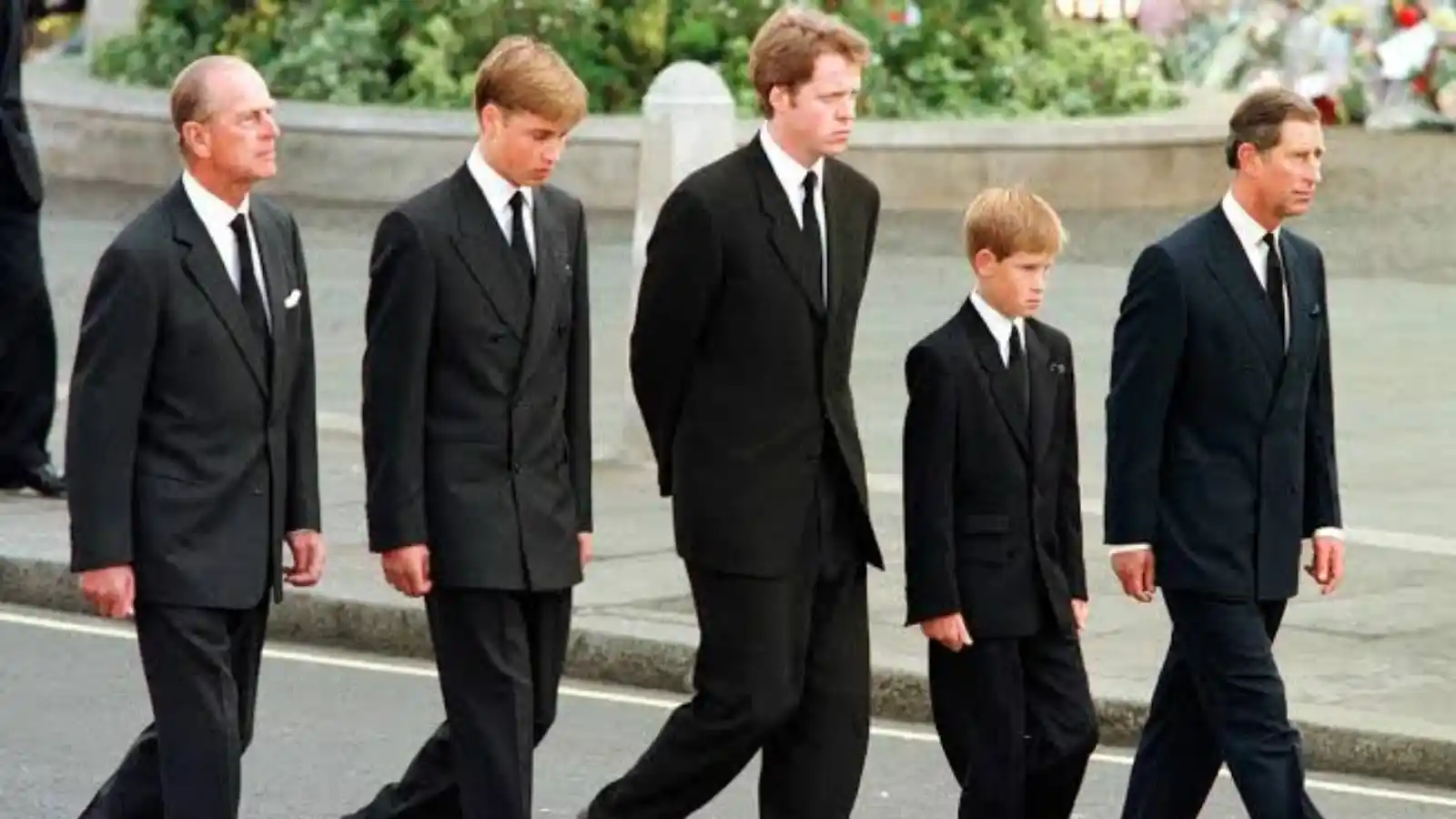 Prince Harry with the males of the family during Princess Diana's funeral