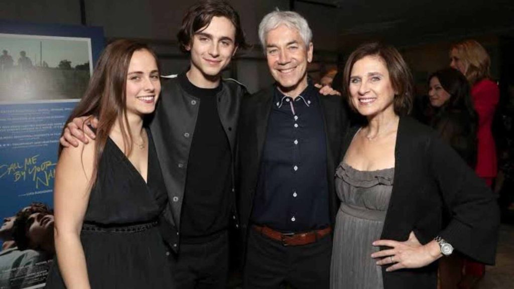 Timothée Chalamet, his father Marc Chalamet, mother Nicole Flender and sister Pauline Chalamet