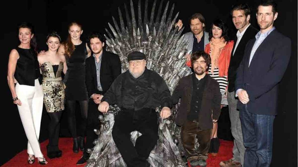 George RR Martin with GoT cast