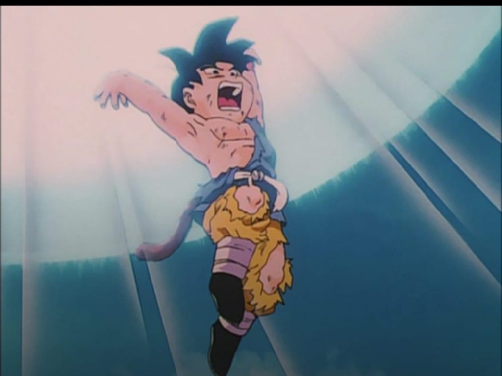 Goku shooting a spirit bomb at the shadow dragon