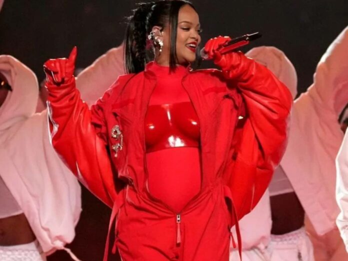 Rihanna during the 57th Super Bowl Halftime performance