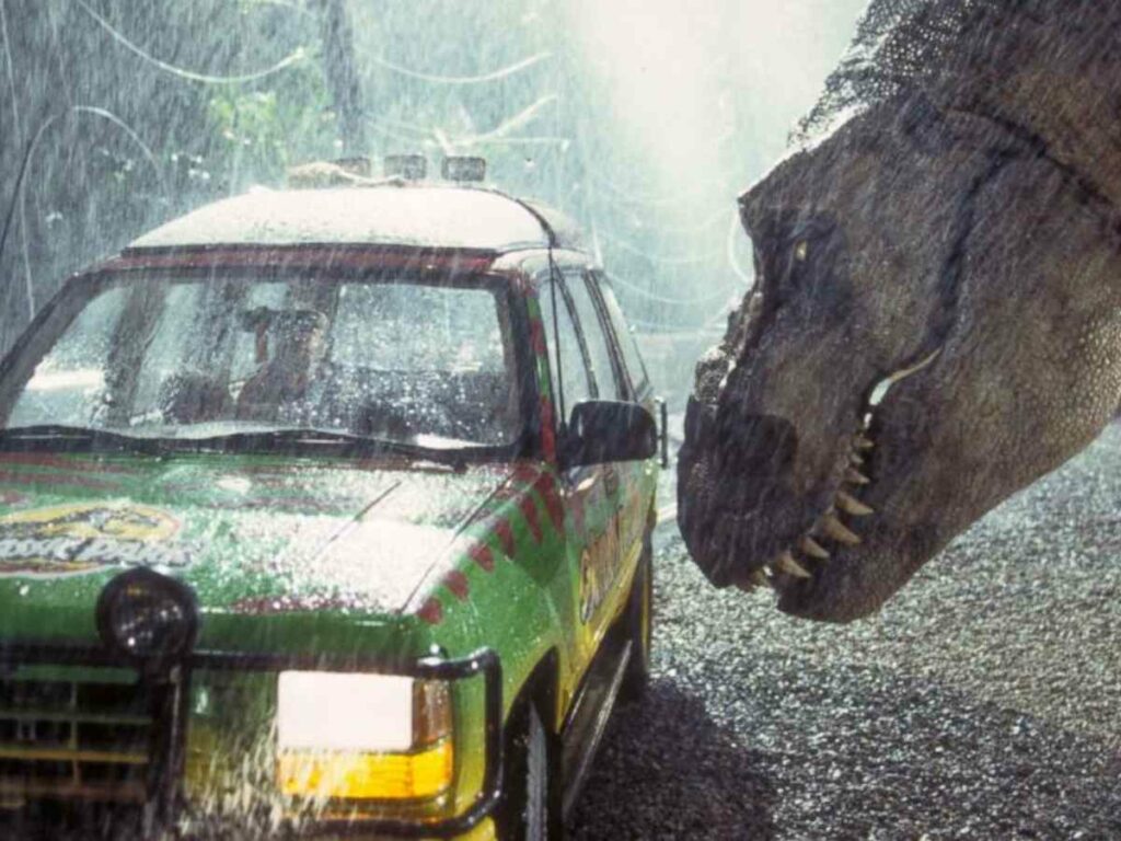 The iconic T-Rex attack scene in 'Jurassic Park'