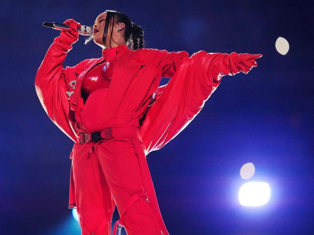 Rihanna performing at the Super Bowl LVII Halftime Show