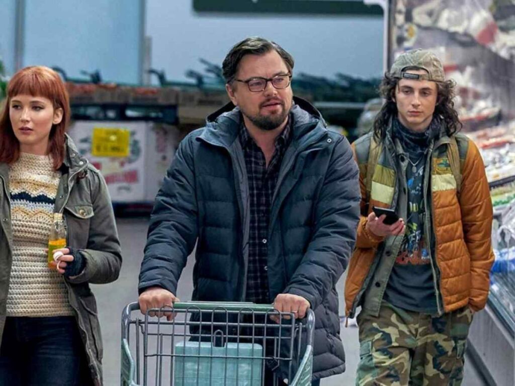 Jennifer Lawrence, Leonardo DiCaprio, and Timothée Chalamet in 'Don't Look Up'