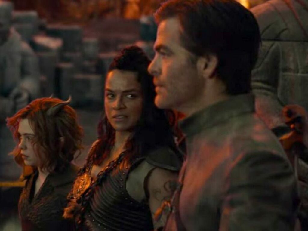 Michelle Rodriguez as Holga Kilgore along with Chris Pine's Edgin Darvis