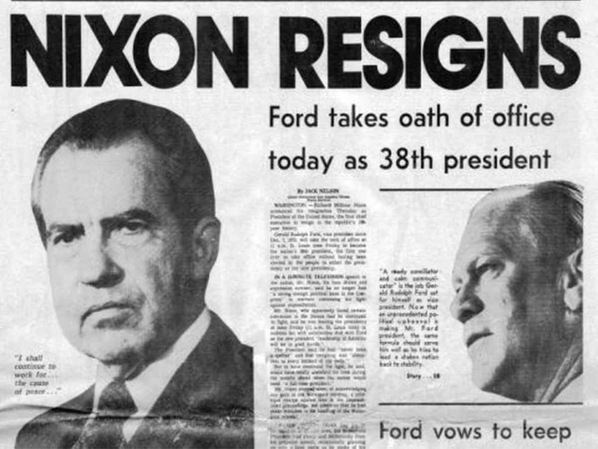 Newspaper headline announcing Richard Nixon's resignation