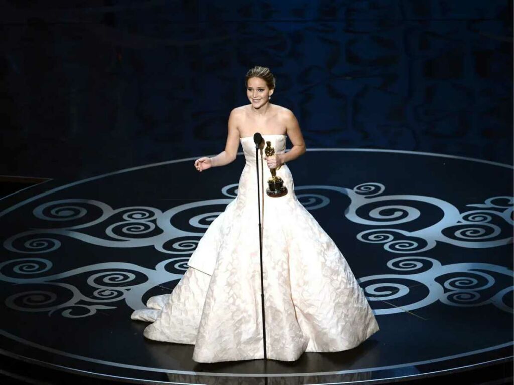 Jennifer Lawrence accepting her Oscar for 'Silver Linings Playbook'
