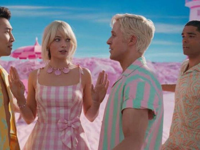 A still of Simu Liu, Margot Robbie, Ryan Gosling, and Kingsley Ben-Adir in 'Barbie'