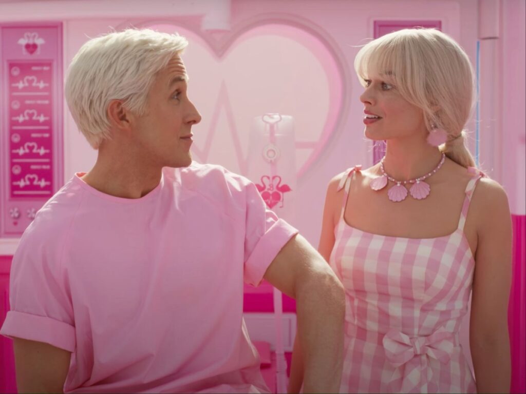A still from 'Barbie' featuring Ryan Gosling and Margot Robbie