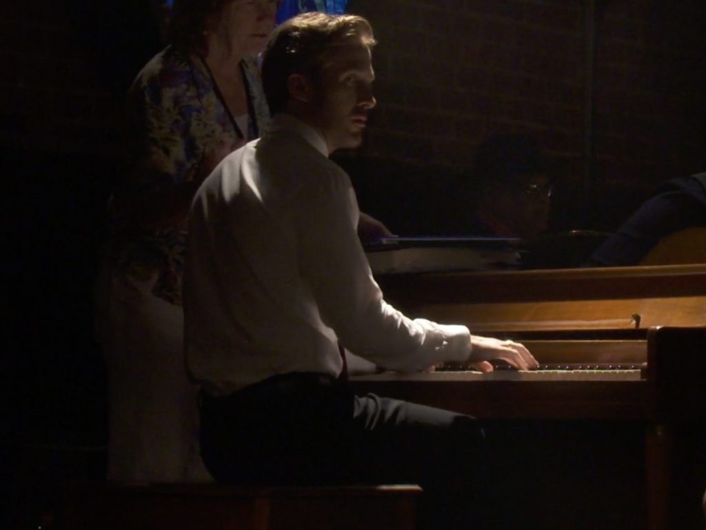 Ryan Gosling playing piano during the 'La La Land' rehearsals.