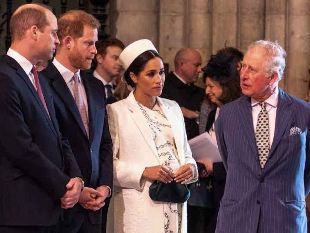 Prince Harry and Meghan Markle with King Charles III and Prince William