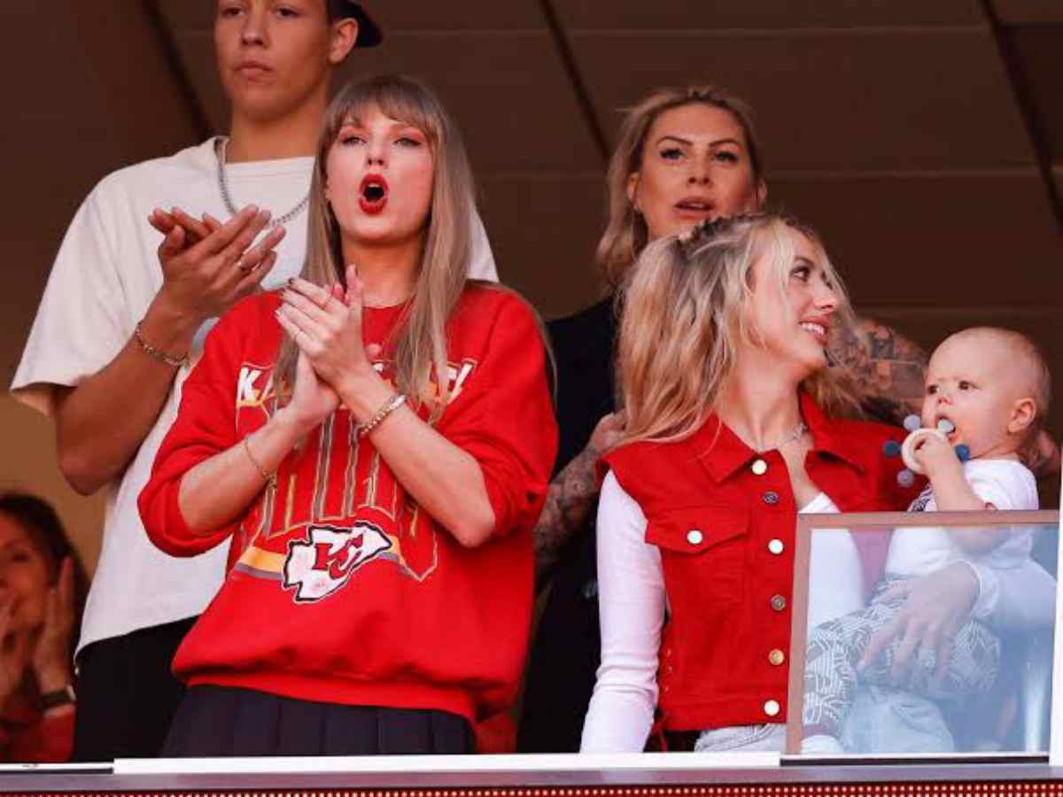 Taylor Swift with Patrick Mahomes' wife, Brittany Mahomes, cheering Travis Kelce during the game against the Los Angeles Chargers