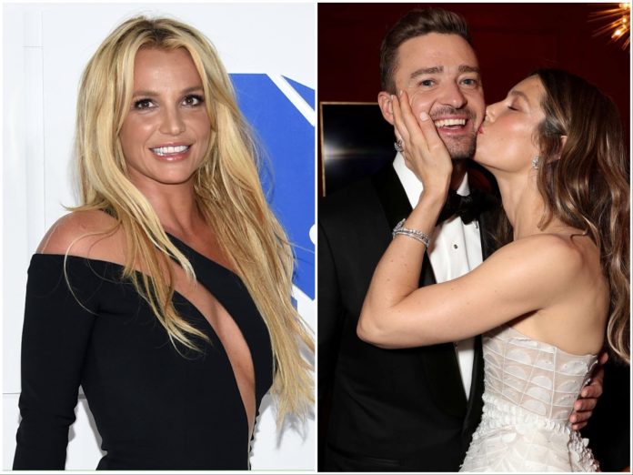 (L-R) Britney Spears, Justin Timberlake and Jessica Biel
