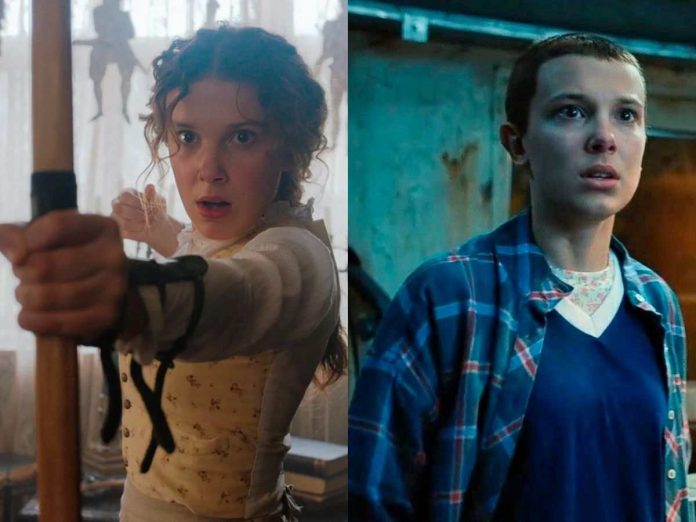 Millie Bobby Brown as (left) Enola Holmes and (right) Eleven