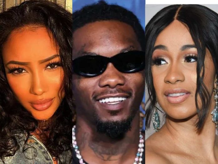 London Perry (L), Offset (C) and Cardi B (R)
