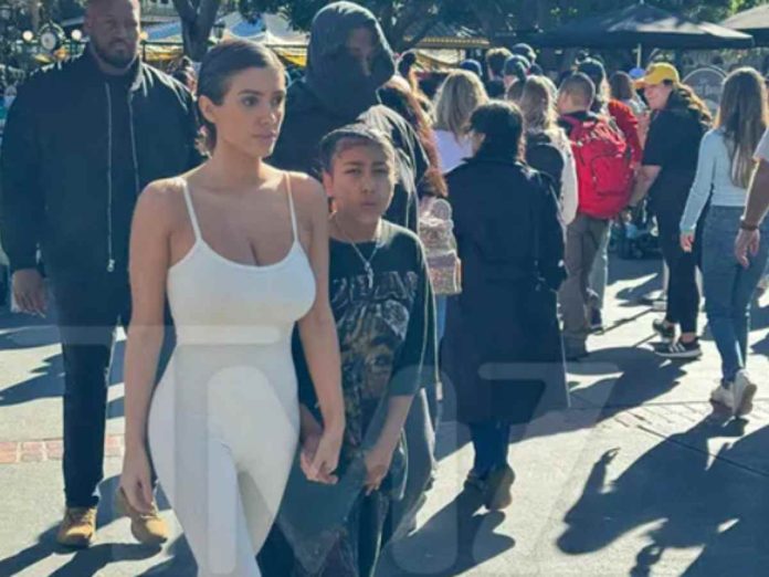 Bianca Censori with Kanye West's daughter North East in Disneyland. (Image: TMZ)