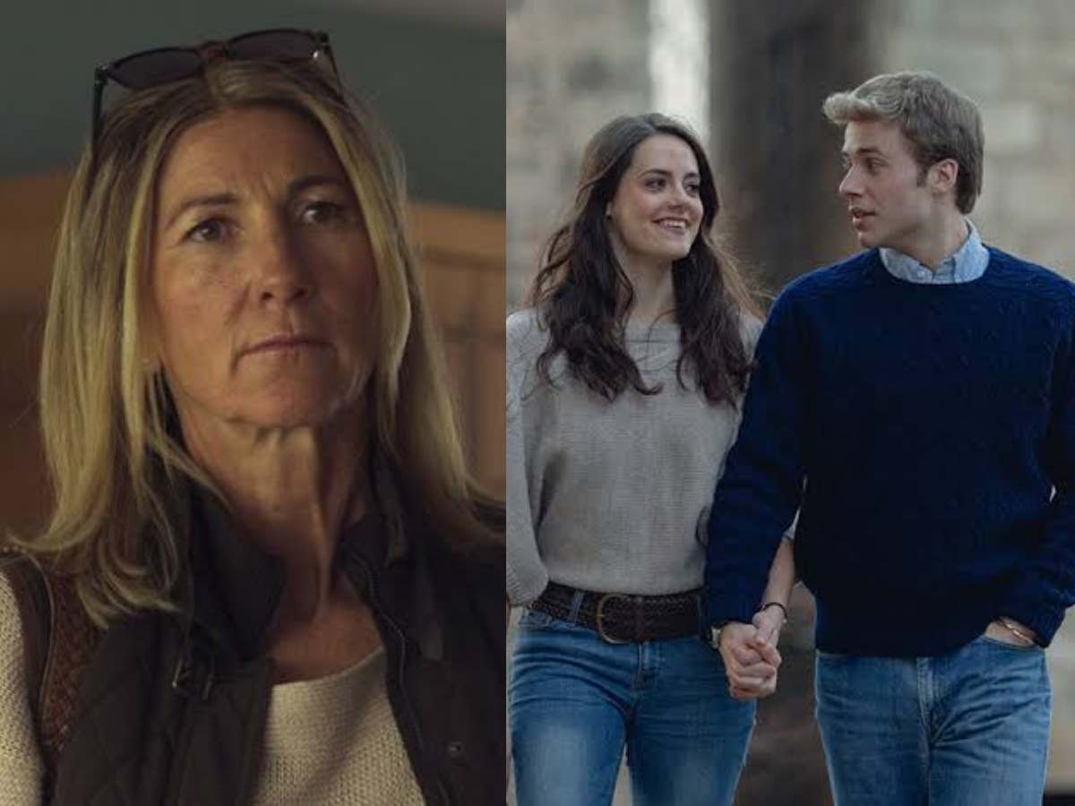 Eve Best as Carole Middleton; Meg Bellamy and Ed McVey as Kate Middleton and Prince William in 'The Crown'