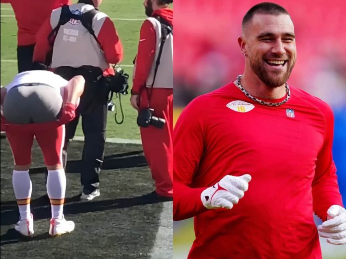 Travis Kelce Mooning at The Raiders fans (left), Travis Kelce File Photo (right)