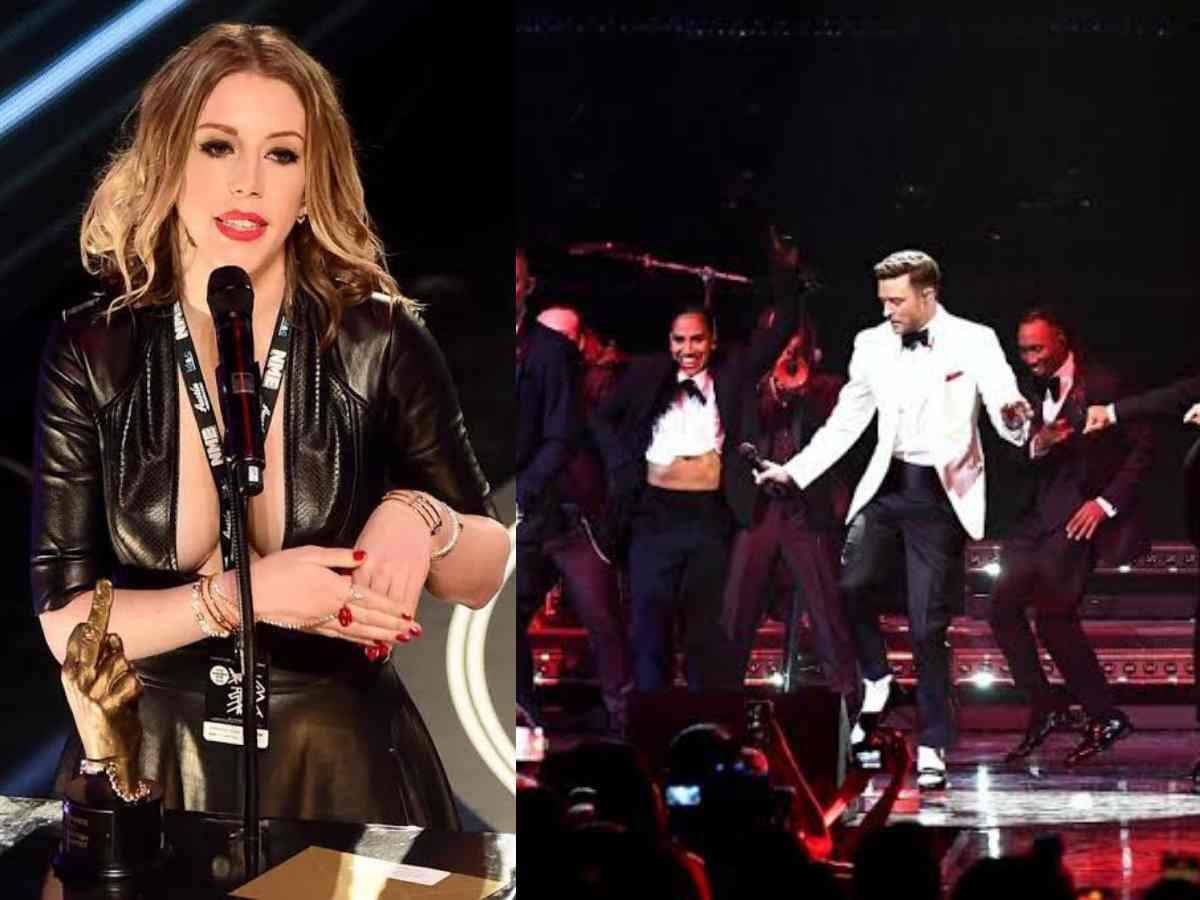 Katherine Ryan calls Justin Timberlake an eel for taking a dig at Britney Spears during the Las Vegas performance