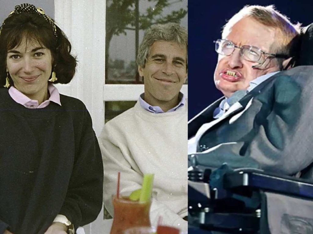 Jeffrey Epstein (middle) told Ghislaine Maxwell (left) to protect Stephen Hawking (right)