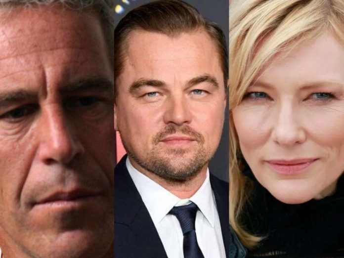 Newly released files of Jeffrey Epstein (left) mention many Hollywood celebrities like Leonardo DiCaprio (middle) and Cate Blanchett (right)