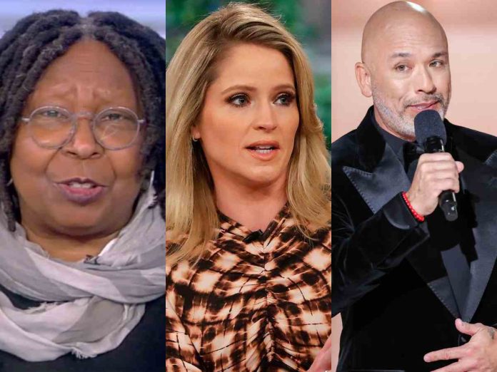 Whoopi Goldberg (left) and Sara Haines (middle) are standing by Jo Koy (right)