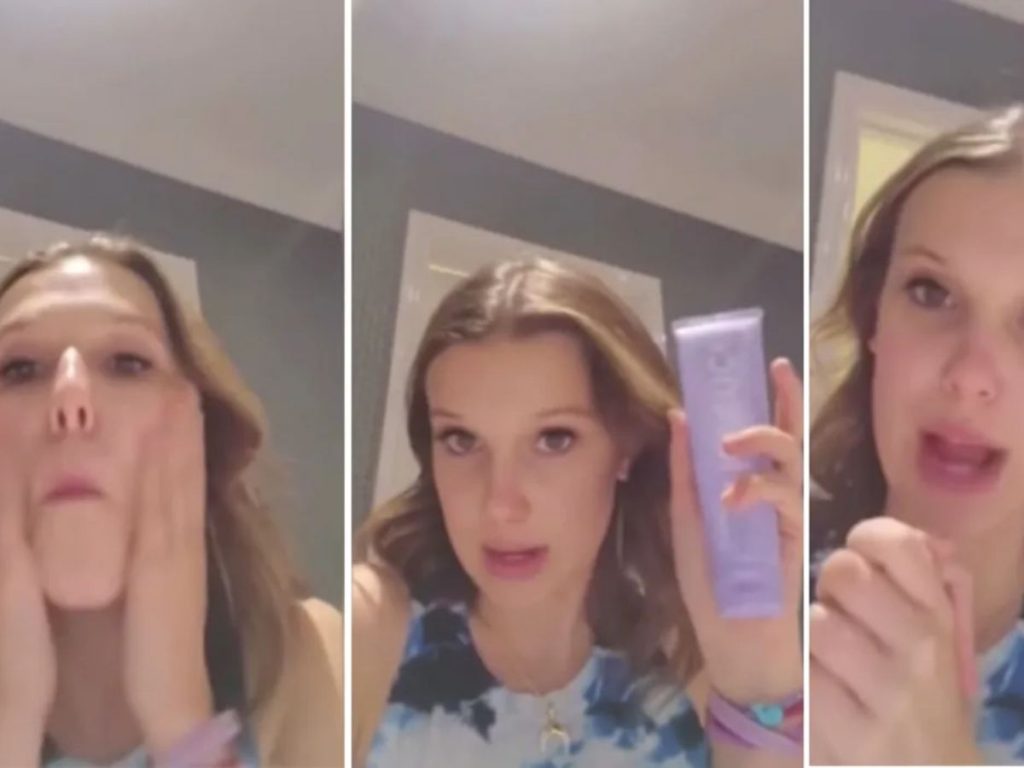 Millie's Viral skincare routine video where she fakes applying her own products 