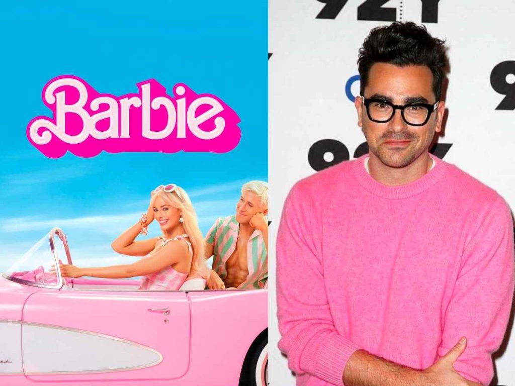 (right) A poster for the 'Barbie' movie (left) Dan Levy