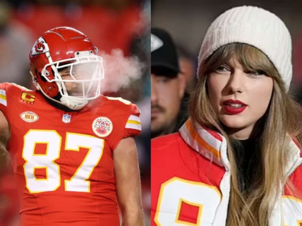 Taylor Swift and Travis Kelce at Arrowhead Stadium on Saturday (Image: Getty)