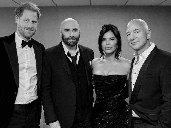 Lauren Sanchez with Jeff Bezos, Prince Harry and John Travolta at the event (Source: Instagram)