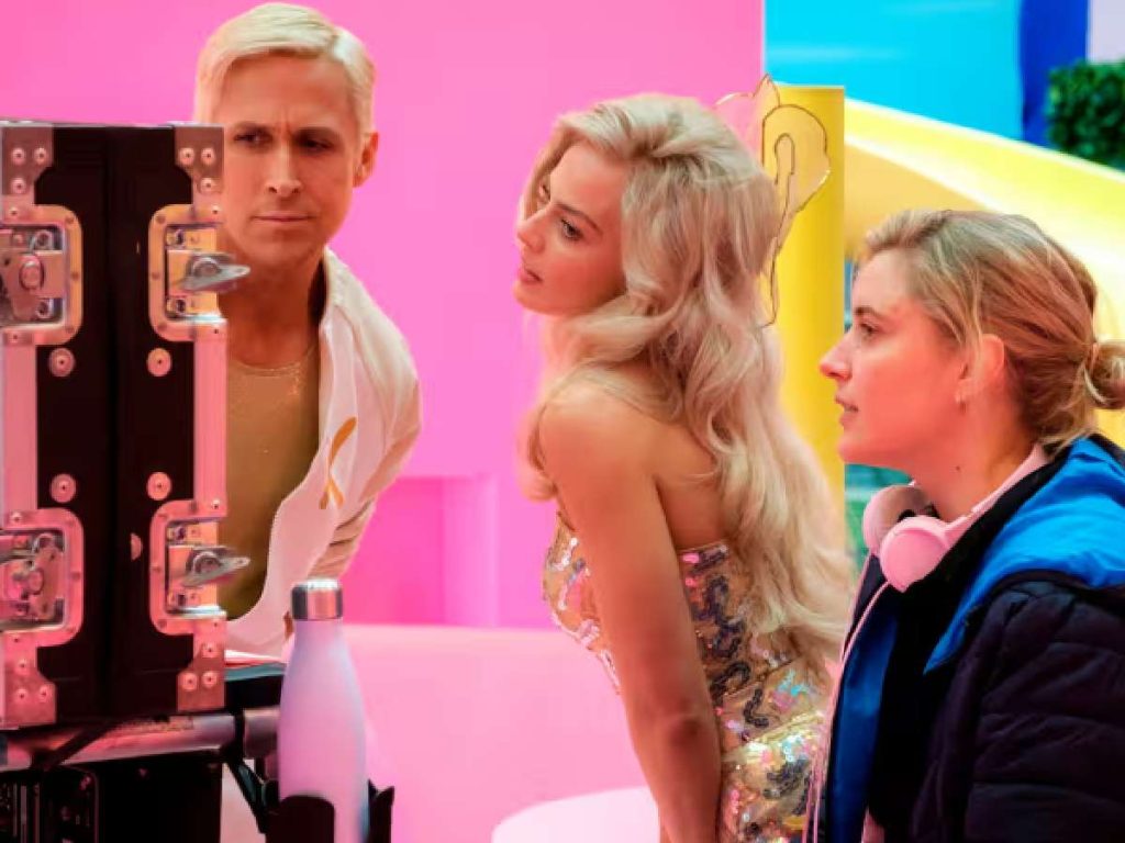 Ryan Gosling, Margot Robbie and Greta Gerwig on sets of 'Barbie' (Image: Getty)
