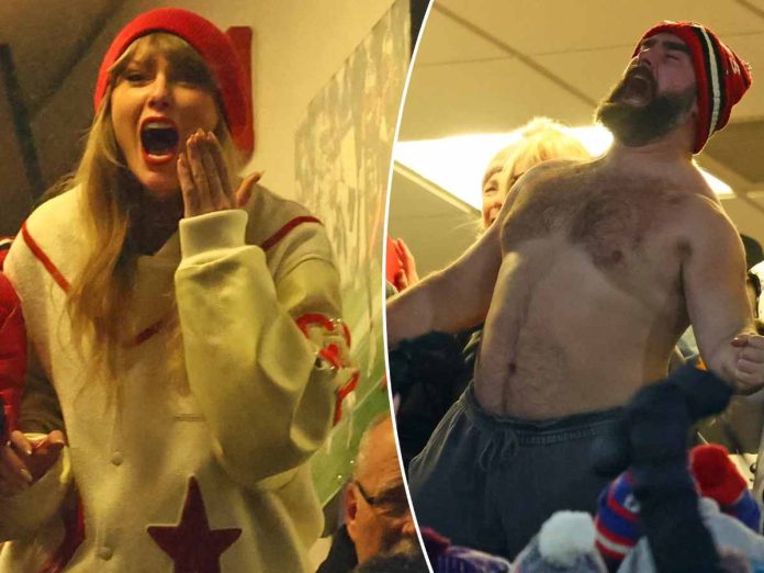 Taylor Swift's reaction on an excited Shirtless Jason Kelce