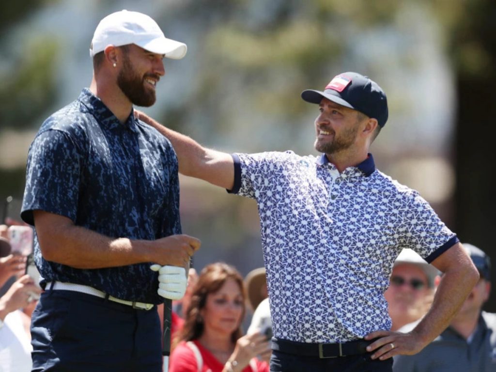 Justin Timberlake with Travis Kelce on a golf field