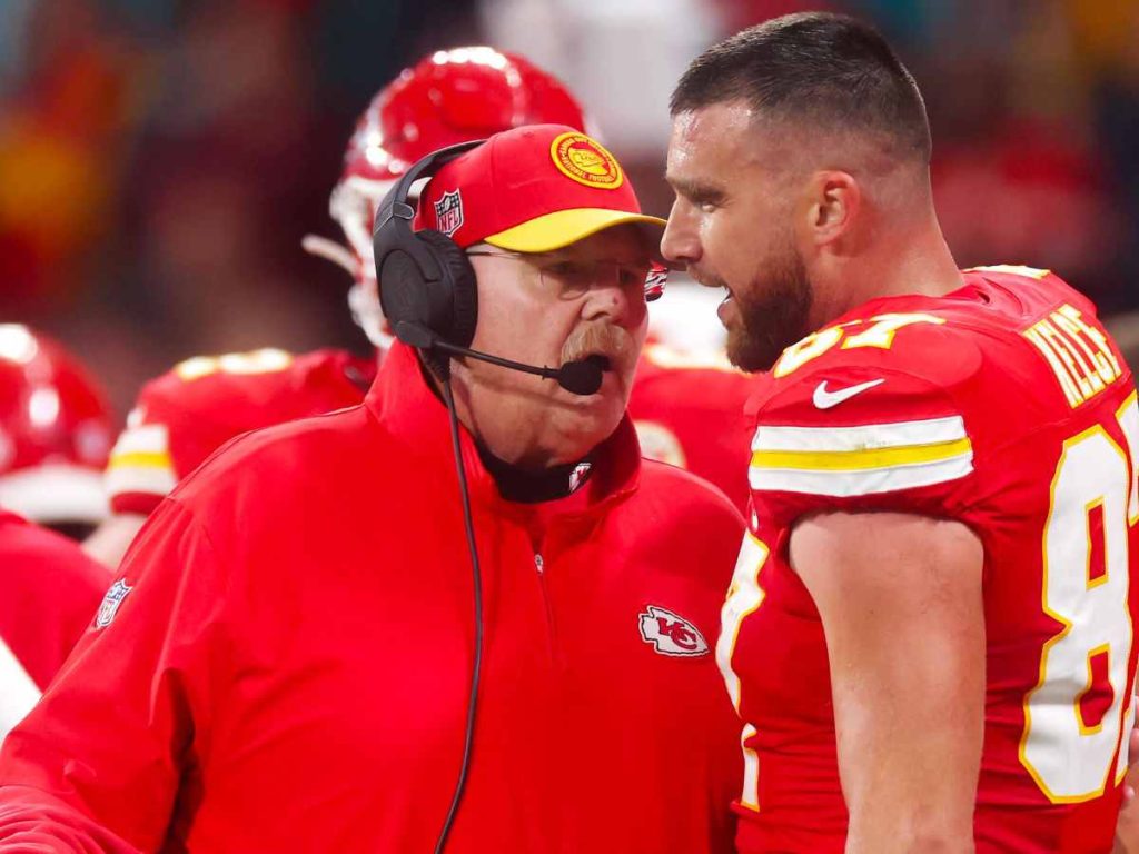 Travis Kelce shouting at Andy Reid