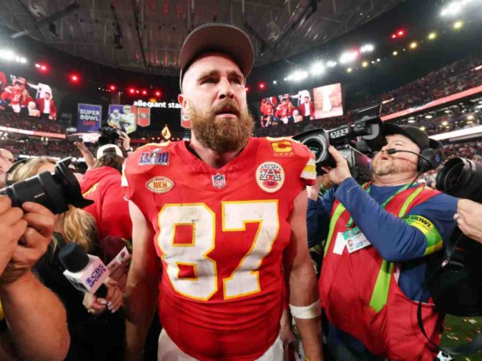 Travis Kelce at Super Bowl parade (Image: Getty)