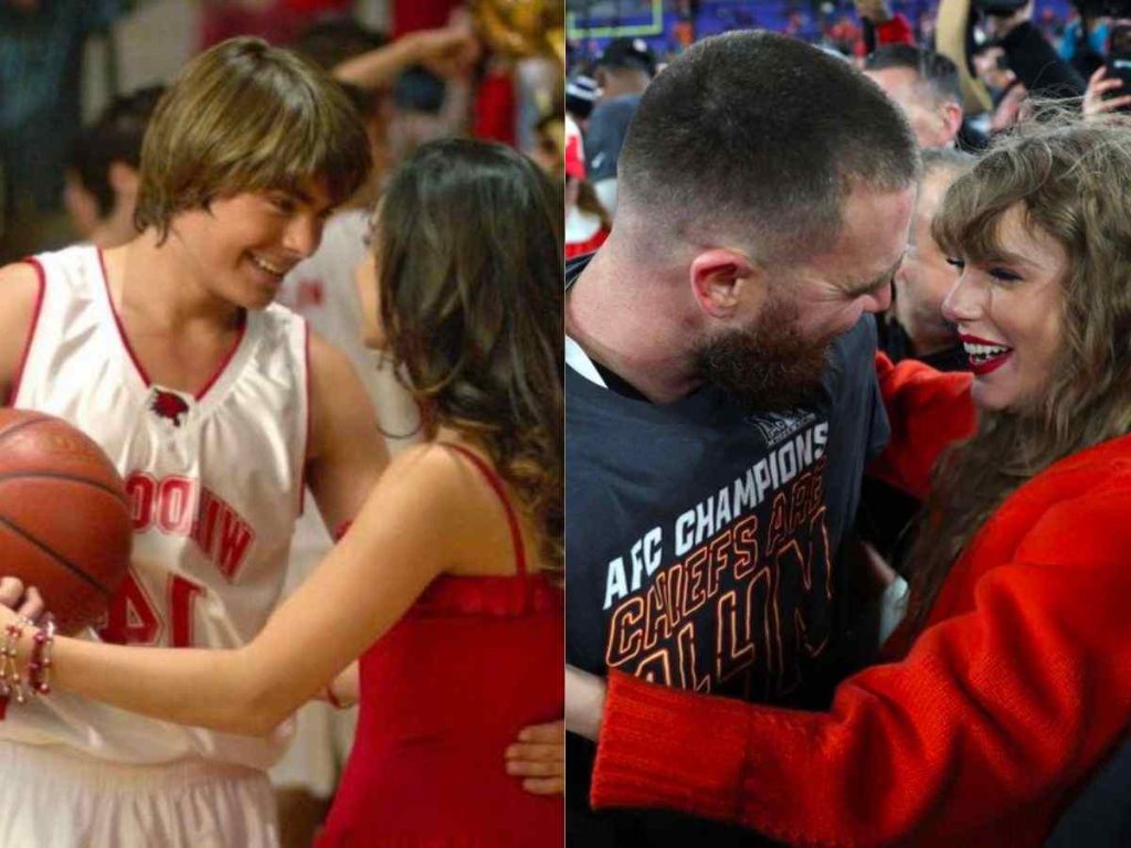 Zac Efron and Vanessa Hudgens in 'High School Musical'; Taylor Swift and Travis Kelce