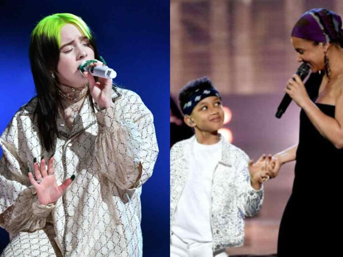 Billie Eilish (L) and Alicia Keys with her son (R)