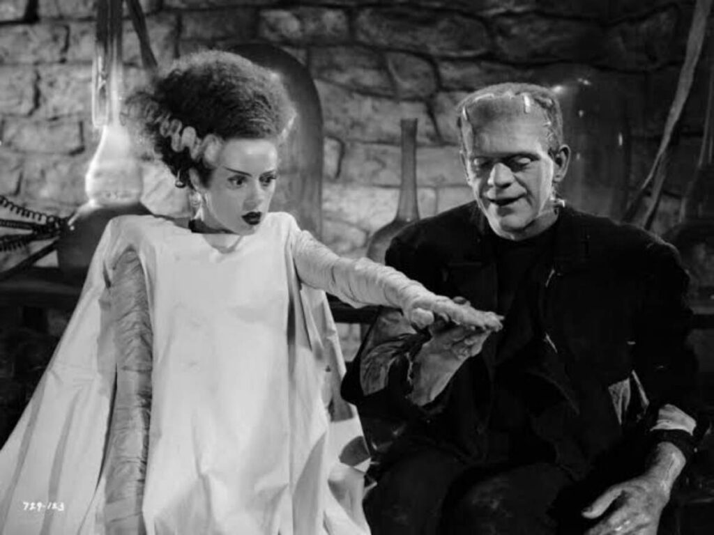 Elsa Lanchester as the bride and Boris Karloff as the monster in 'the Bride of Frankenstein'