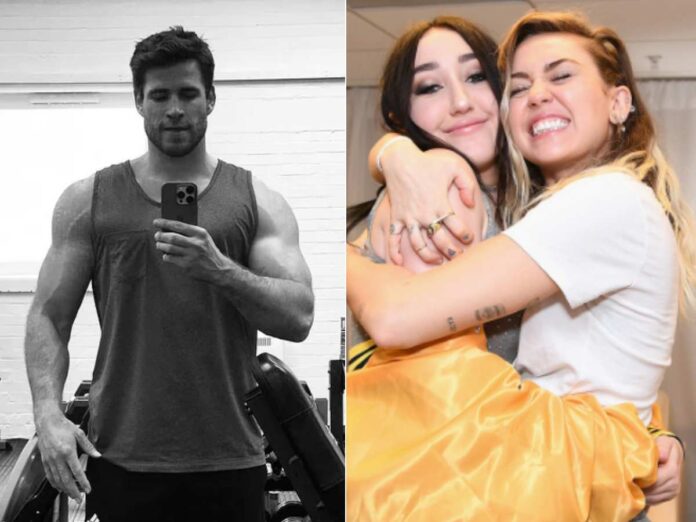 Liam Hemsworth (L) and Miley Cyrus with her sister Noah Cyrus (R)