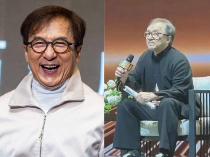 Jackie Chan (L) and his viral photo (R)