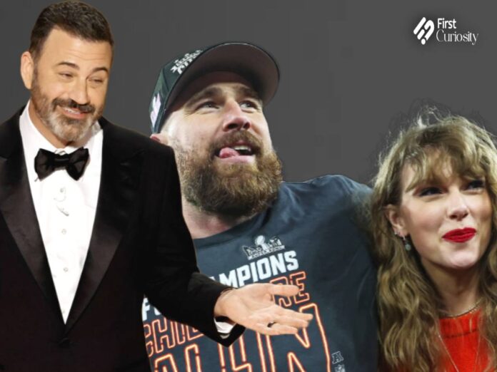 Jimmy Kimmel (L) and Travis Kelce with Taylor Swift (R)