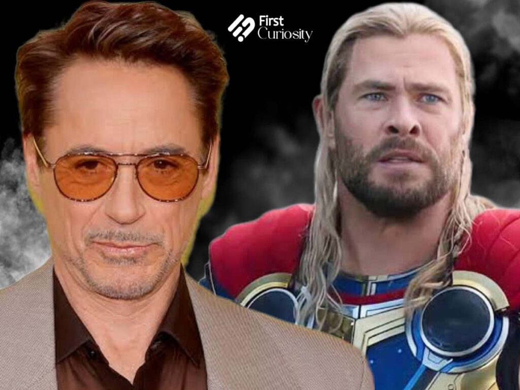 Robert Downey Jr and Chris Hemsworth as Thor 