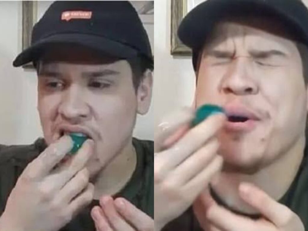A person eating tide pods for The Tide Pod Challenge