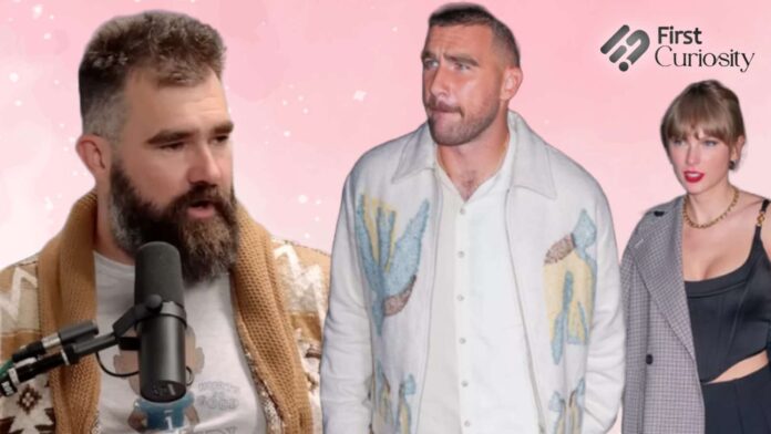 Jason Kelce (L) and Travis Kelce and Taylor Swift (R)